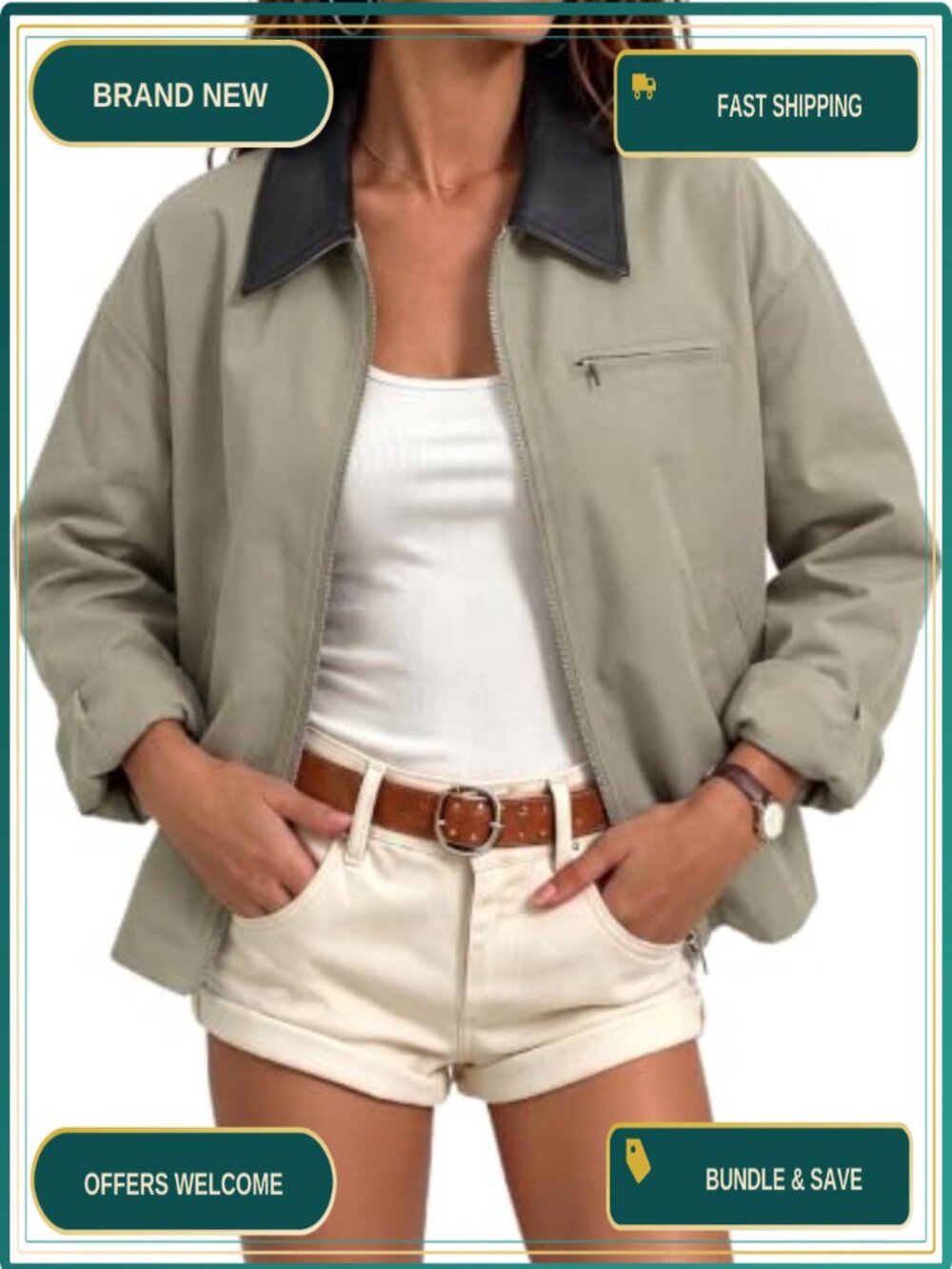 EXLURA Womens Lightweight Zip Up Cropped Trench Coat Casual Jacket